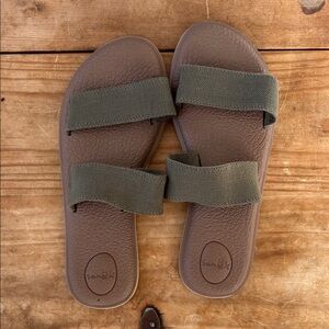 Sanuk Brown Slides with Olive Straps